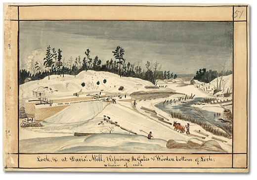 Aquarelle: Lock, &c at Davis’s Mill; Repairing the Gates & Wooden bottom of Lock; winter of 1843-4, 1843