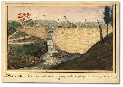 Aquarelle: Dam at Jones’ Falls; when nearly completed, shewing the last temporary passage provided for the surplus water, 1841