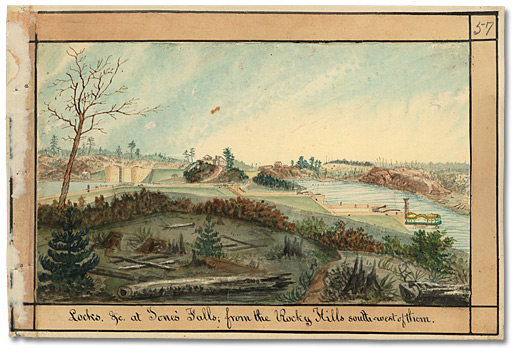 Aquarelle: Locks, &c at Jones’ Falls; from the Rocky Hills south-west of them, [vers 1835]
