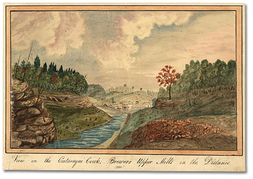 Watercolour: View on the Cataraqui Creek, Brewer's Upper Mills in the background, 1830