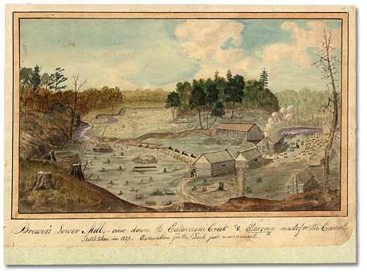Aquarelle: Brewer's Lower Mill; View down the Cataraqui Creek, & and Clearing made for the Canal. Excavation for the Lock just commenced, 1829