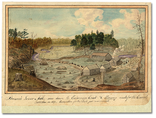 Watercolour: Brewer's Lower Mill; View down the Cataraqui Creek, & and Clearing made for the Canal. Excavation for the Lock just commenced, 1829