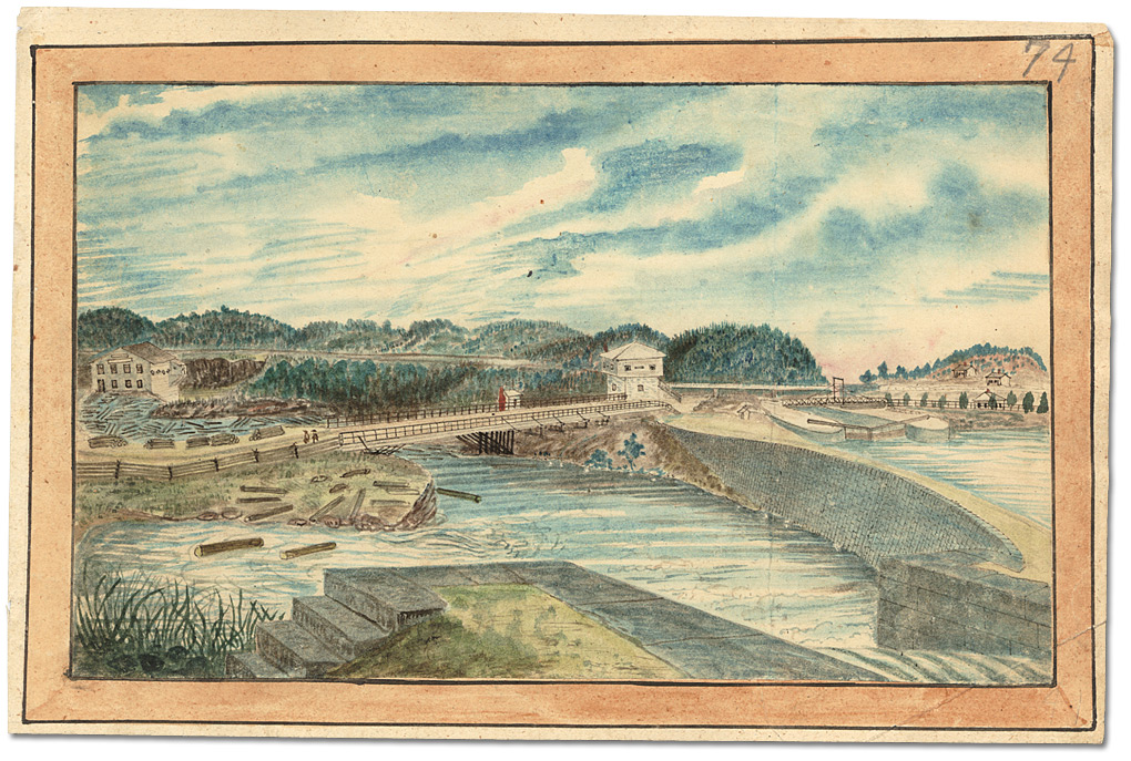 Watercolour: Lower Kingston Mills, Grand Trunk Railway bridge completed, 1856