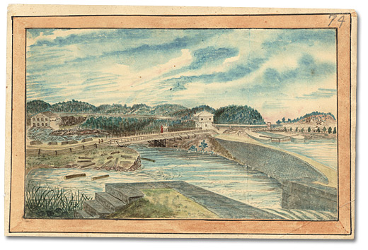 Aquarelle: Lower Kingston Mills, Grand Trunk Railway bridge completed, 1856