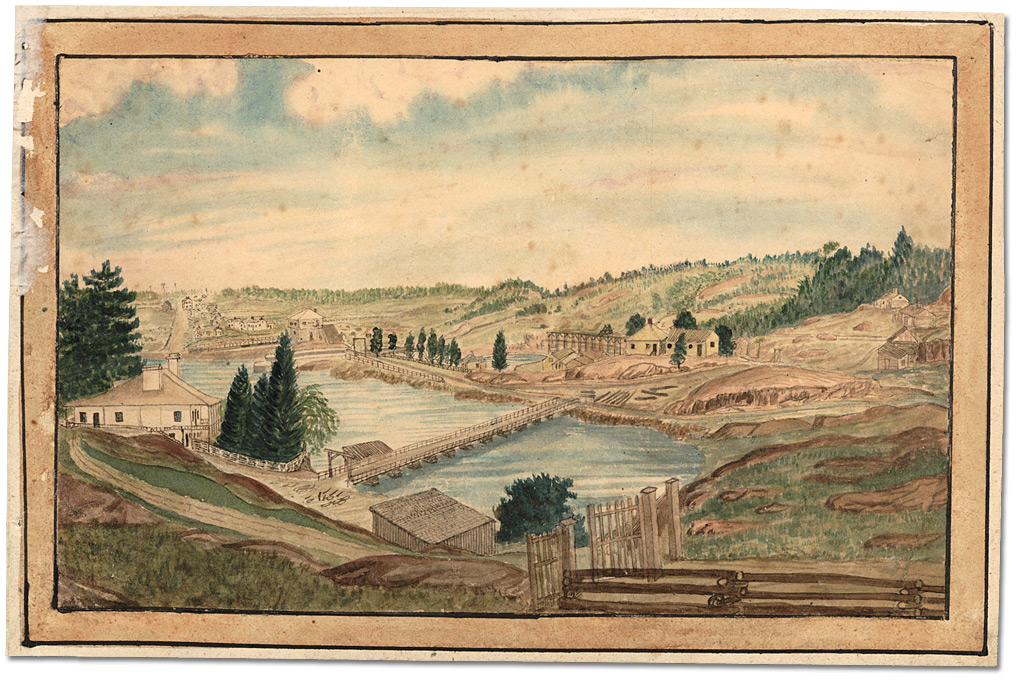 Watercolour: Kingston Mills; showing home of Captain Thomas Burrowes, 1856