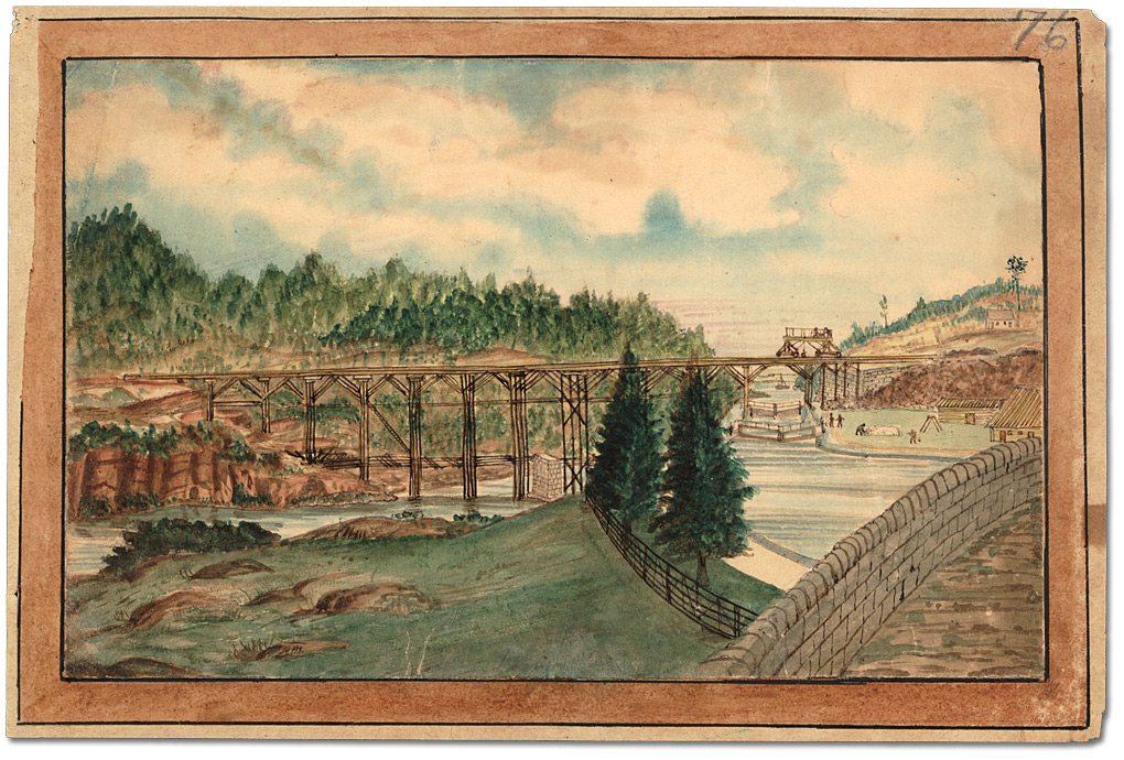 Watercolour: Building of the Grand Trunk Railway Bridge at Kingston Mills, [ca. 1856]
