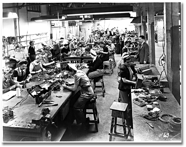 Photo: Women soldering and assembling cables for airplanes, Canadian Car and Foundry Co., 1945