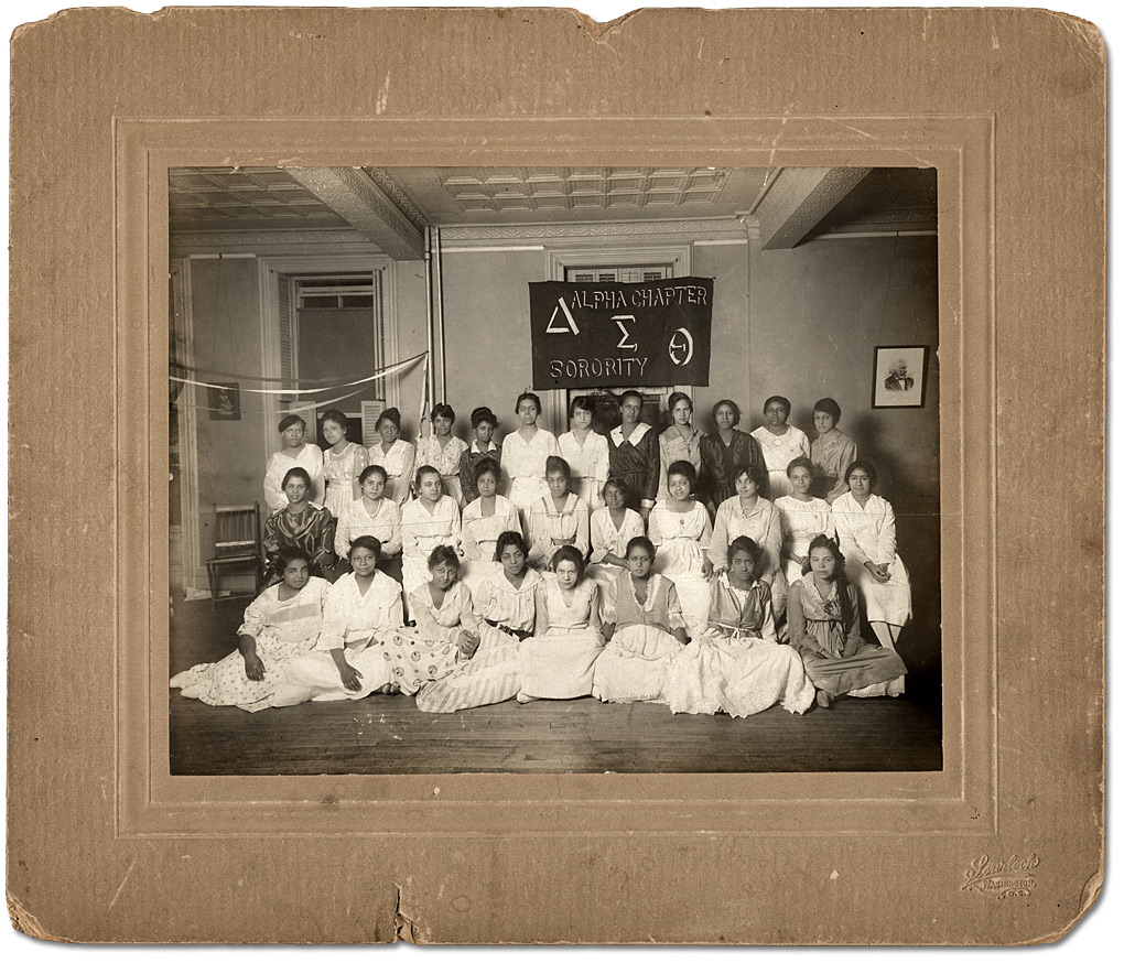 Photo: May Edwards Hill (standing fourth from left) with her sorority at Howard University in Washington D.C., 1916