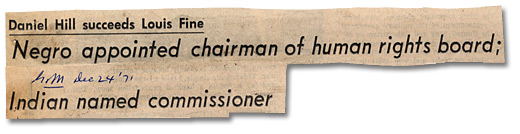 Manchette du Globe and Mail, “Daniel Hill succeeds Louis Fine, Negro appointed chairman of human rights board; Indian named commissioner”, 24 décembre 1971