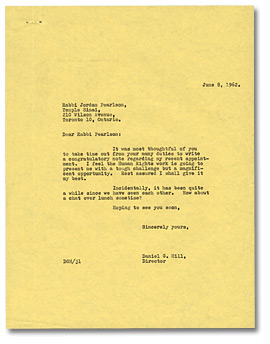 Lettre au Rabbin Jordan Pearlson de Daniel G. Hill, 8 juin, 1962