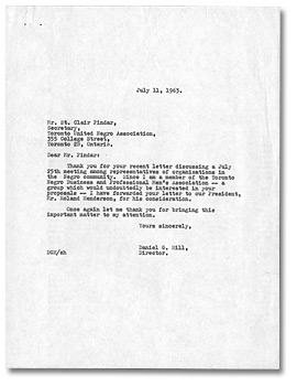 Lettre à St. Clair Pindar de la Toronto United Negro Association de Daniel G. Hill,  11 juillet, 1963