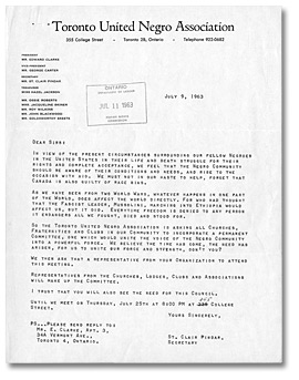 Letter from St. Clair Pindar of the Toronto United Negro Association to Daniel G. Hill and others, July 9, 1963