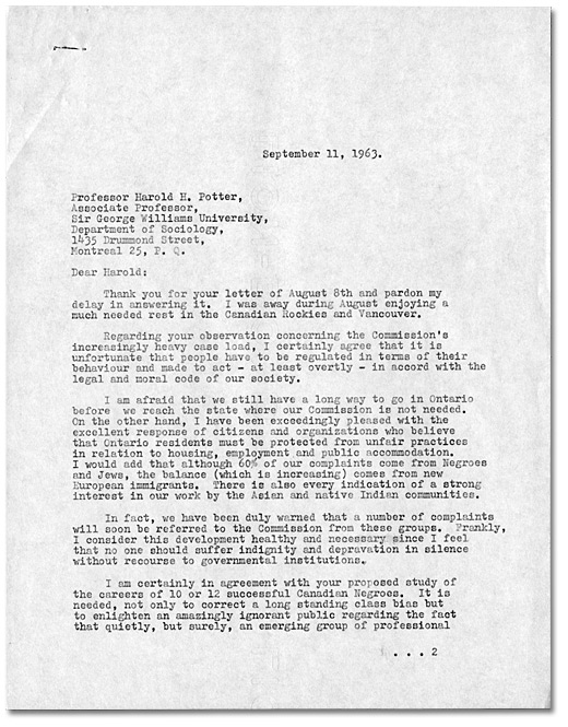 Letter to Harold H. Potter from Daniel G. Hill, September 11, 1963, Page 1