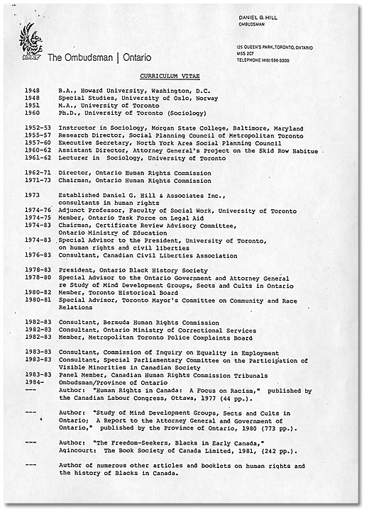 Daniel G. Hill curriculum vitae, Page 1