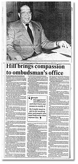 Clipping from the Windsor Star, “Hill brings compassion to ombudsman’s office”, January 19, 1985