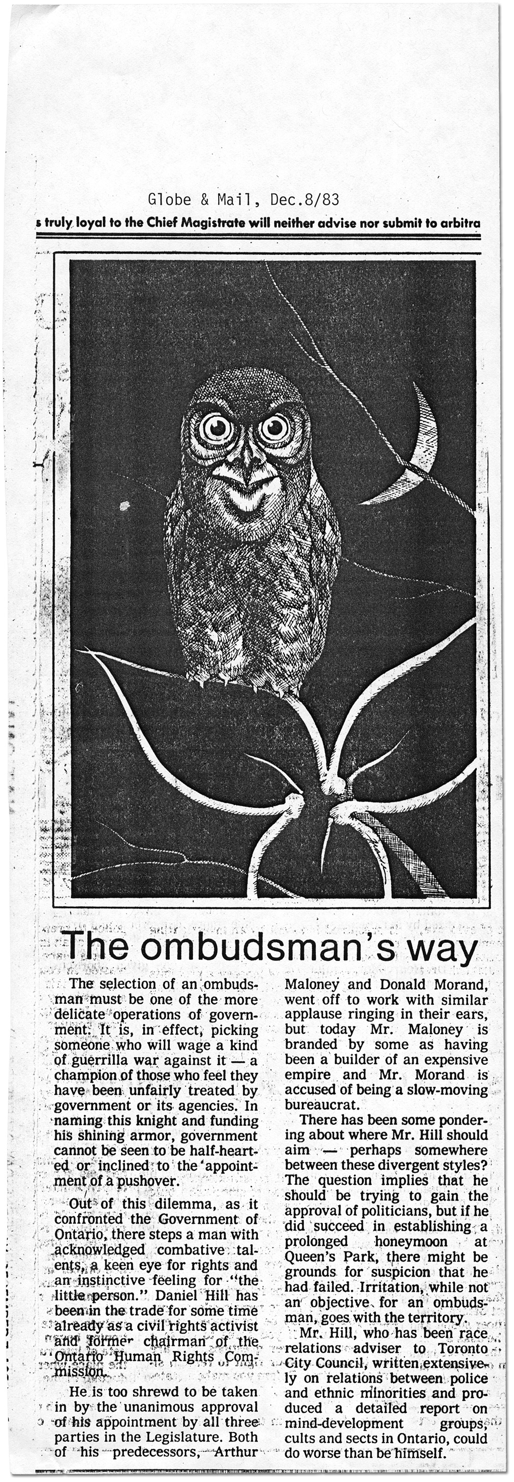 Owl cartoon from The Globe and Mail, December 8, 1983