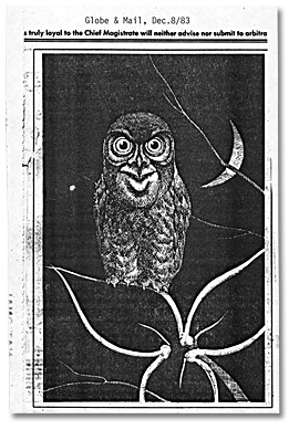 Caricature d'un hibou, du Globe and Mail, 8 décembre 1983