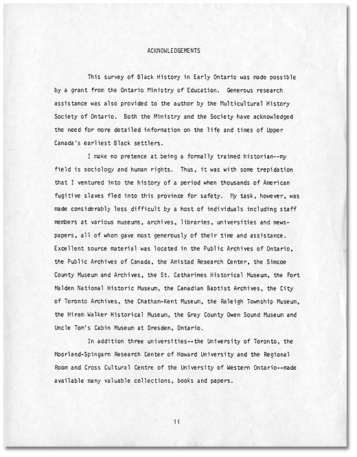 Remerciements dans le  manuscrit, "Black History in Early Ontario (1780-1865)",  de Daniel G. Hill,  1978