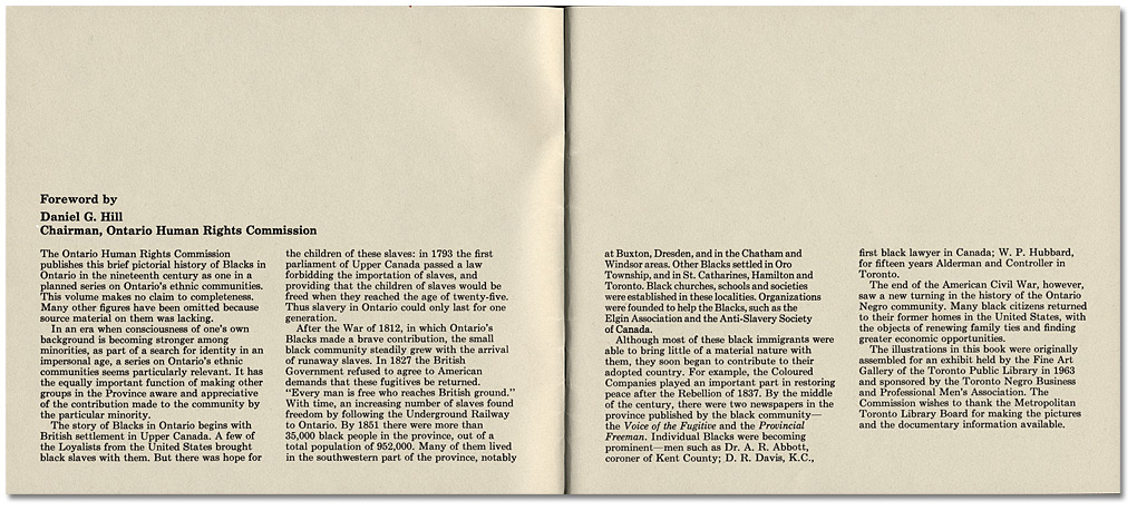 Foreword by Daniel G. Hill in “a brief pictorial history of Blacks in Nineteenth Century Ontario", published by the Ontario Human Rights Commission