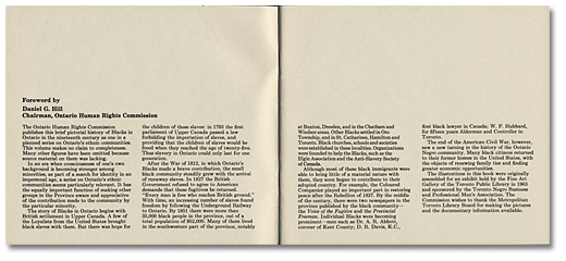 Avant-propos de Daniel G. Hill dans a brief pictorial history of Blacks in Nineteenth Century Ontario, publié par la Commission ontarienne des droits de personne