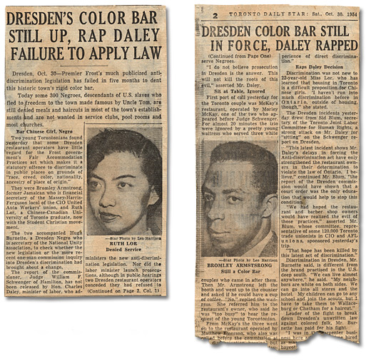 Clipping from the Toronto Daily Star, "Dresden’s Color Bar Still Up, Rap Daley Failure to Apply Law", October 30, 1954