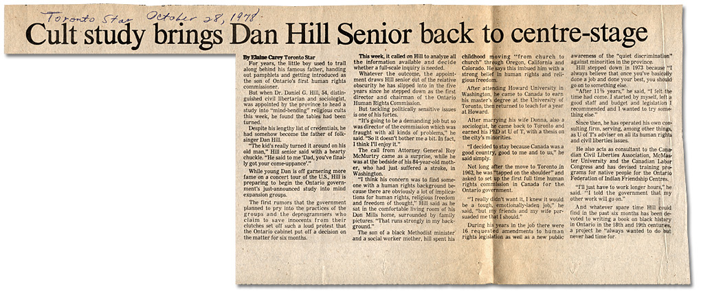 Clipping from the Toronto Star, "Cult study brings Dan Hill Senior back to centre-stage", October 28, 1978