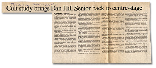 Clipping from the Toronto Star, Cult study brings Dan Hill Senior back to centre-stage, October 28, 1978