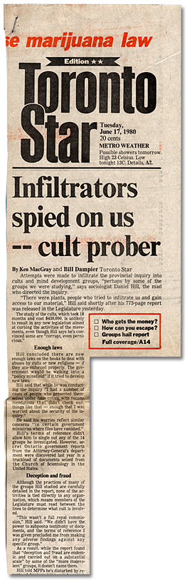 Clipping from the Toronto Star, Infiltrators spied on us - cult prober, June 17, 1980 - Page 1