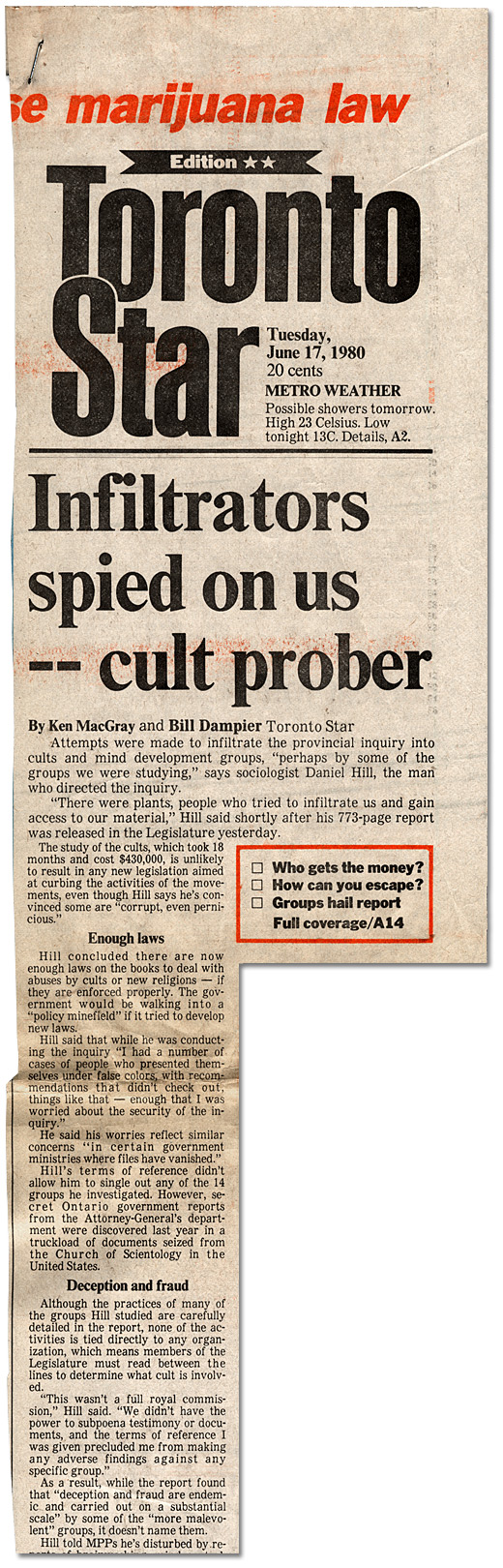 Clipping from the Toronto Star, "Infiltrators spied on us - cult prober", June 17, 1980 - Page 1