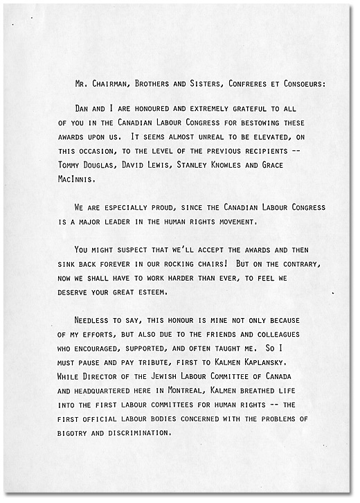 Discours de Donna Hill acceptant le prix du<br> 
Congrès du travail du Canada pour services<br> exceptionnels à l'humanité, 30 mai 1984, Page 1