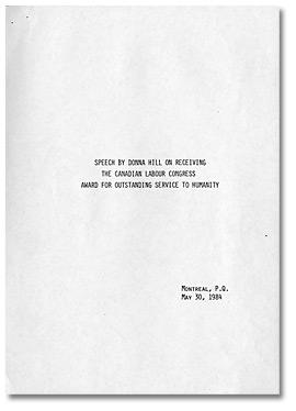 Speech by Donna Hill on receiving the Canadian Labour Congress award for outstanding service to humanity, May 30, 1984