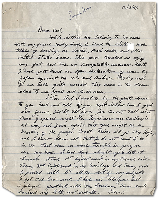 Letter from Daniel G. Hill to 
father, December 7, 1941, Page 1