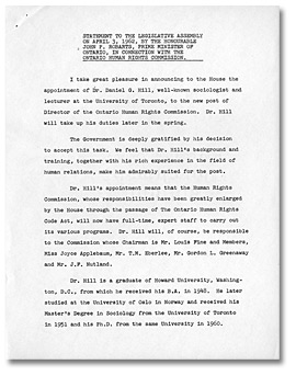 Statement to the Legislative Assembly on April 3, 1962