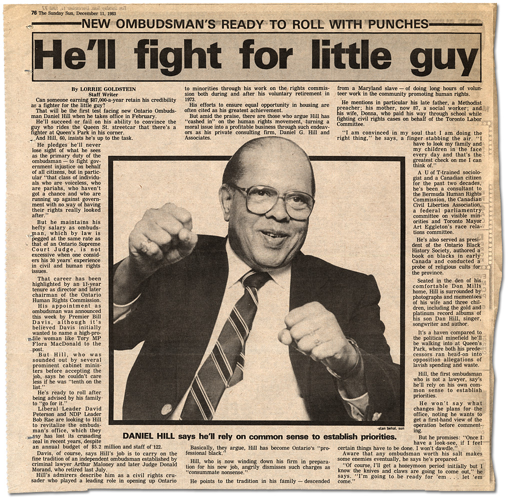 Clipping from The Sunday Sun, “New Ombudsman’s Ready to Roll with Punches – He’ll fight for little guy”, December 11, 1983