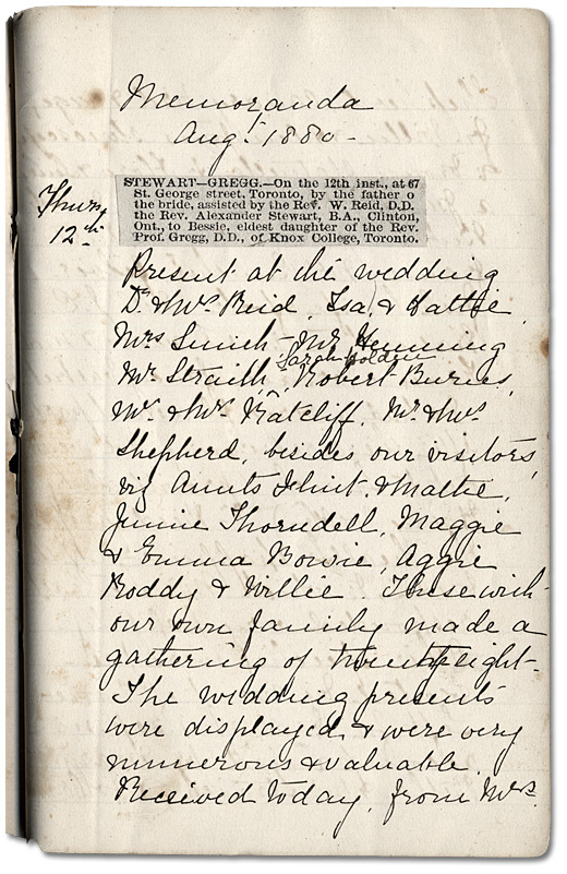 Première entrée dans le journal de Bessie Stewart's, 1880
