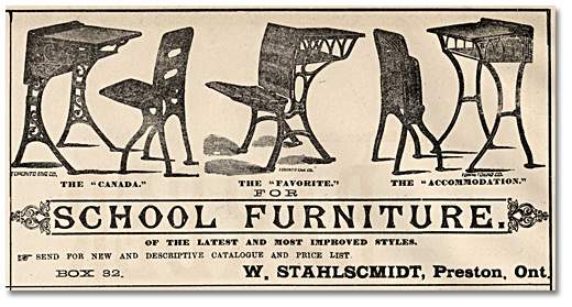 Detail showing school furniture by W. Stahlschidt of Preston, from the Atlas of the Province of Ontario, Counties Miles & Co. Toronto 1879. P-59
