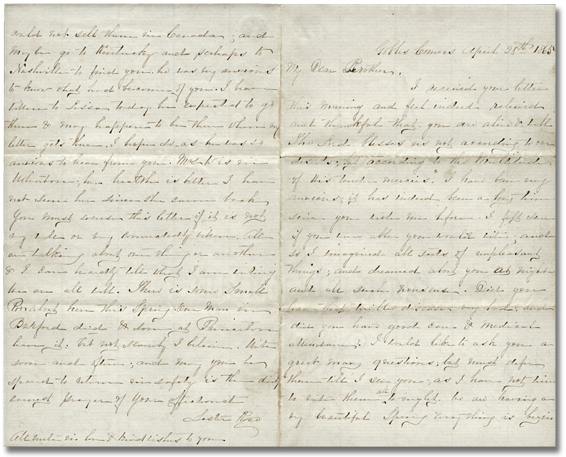 Lettre de Roseltha Wolverton Goble à son frère Alonzo Wolverton, le 28 avril 1865 - Pages 1 et 4