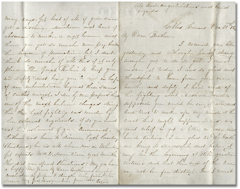 Lettre de Roseltha Wolverton Goble à son frère Alonzo Wolverton, le 28 décembre 1865 - Pages 1 et 4