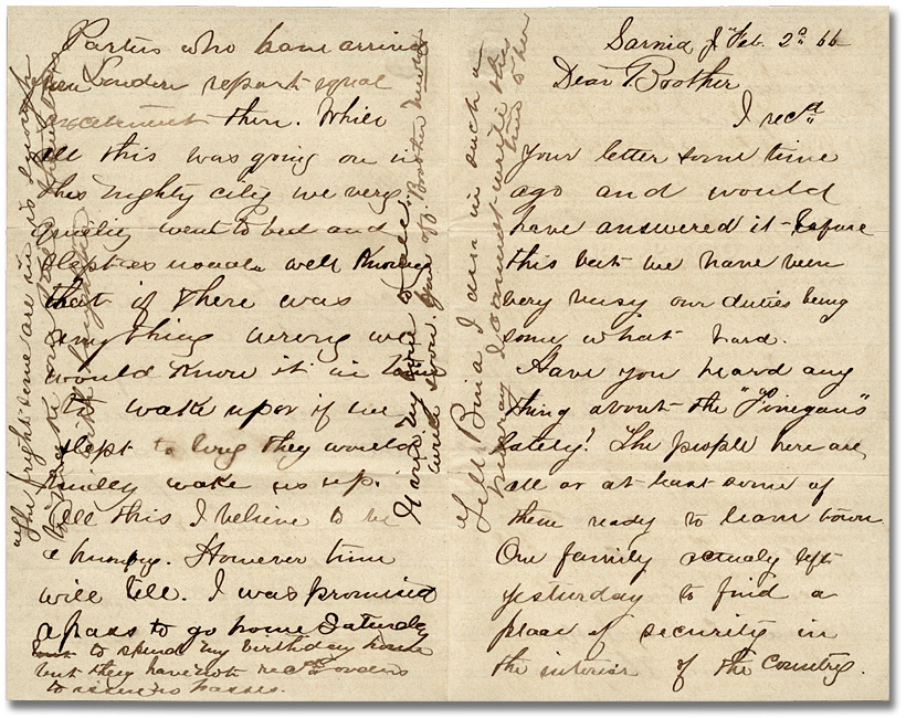 Letter, Newton Wolverton at Sarnia, Ont. to brother Alonzo Wolverton at Wolverton, Ont., February 2, 1866 - Pages 1 and 4