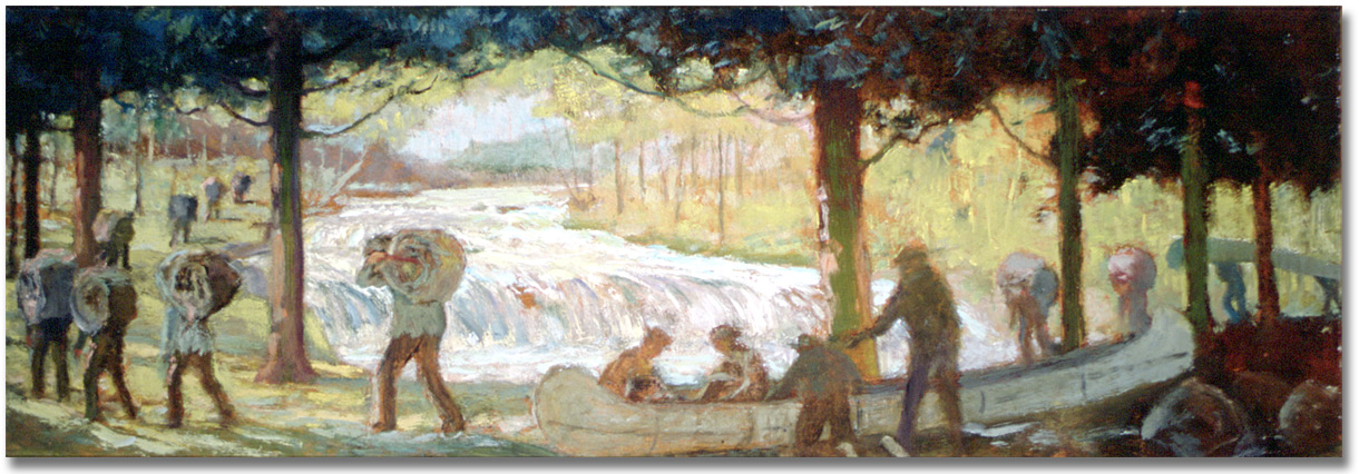 Painting: The Short Portage -- The Carrying Place, La Salle on the way over the Humber River to the Holland River and on to Lake Simcoe