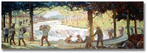 Painting: The Short Portage -- The Carrying Place, La Salle on the way over the Humber River to the Holland River and on to Lake Simcoe