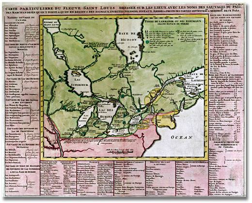 Carte particulière du Fleuve Saint Louis dressée sur les lieux avec les noms des sauvages du païs, des marchandises qu'on y porte & qu'on en reçoit & des animaux, insectes, poissons, oiseaux, arbres & fruits des parties septentrionales et méridionales de ce païs. 1719.