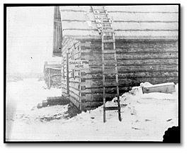 Photo: A log building at a work camp, with a “Smallpox here” sign affixed to it, [between 1900 and 1920]