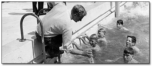 Photo: Public Health Inspector testing water quality of a public swimming pool in the New Liskeard - Kirkland Lake area, July 1969