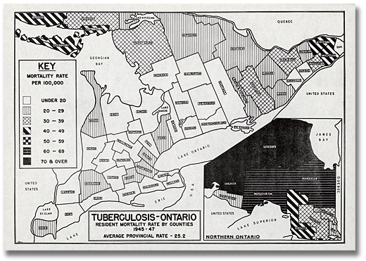 Map: Tuberculosis mortality rate by county, 1945-1947