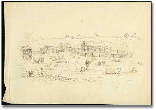 John Langton's cabin with surrounding buildings, 1834