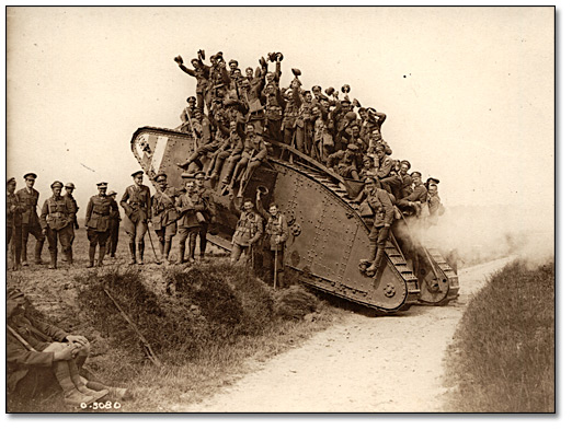 Photo: Canadians are seen returning on a tank, 5th Canadian Mounted Regiment