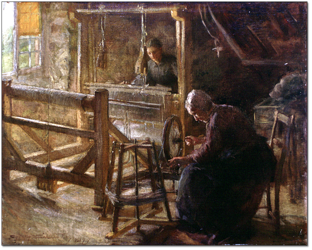 Oil on canvas: ‘At the Loom’ – French Canadian Interior, 1899
