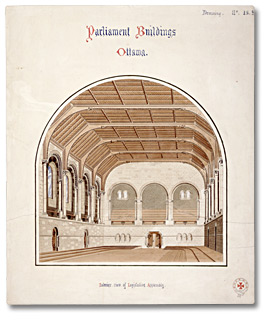 Drawing: Government House and Parliament Buildings; proposed interior of legislative assembly, 1859