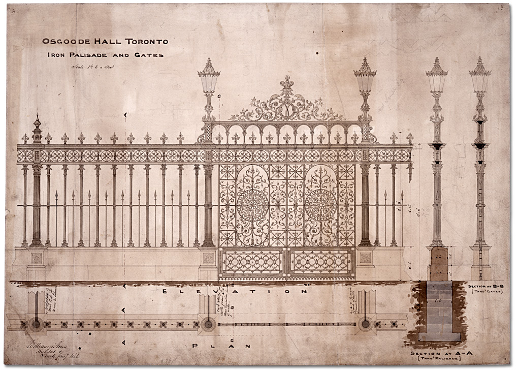 Dessin : Osgoode Hall, clôture en fer et portes, [vers 1856]-1866